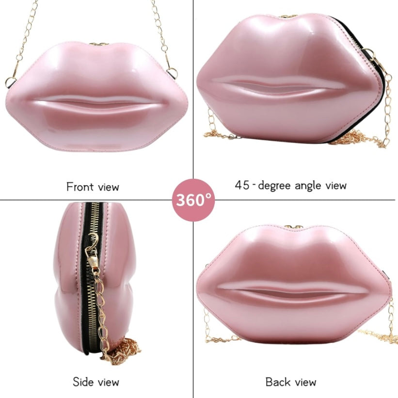 picture shows Blush Champagne Color lip handbag in 4 different angles and positions to give a 360 display of each side of bag and all its details