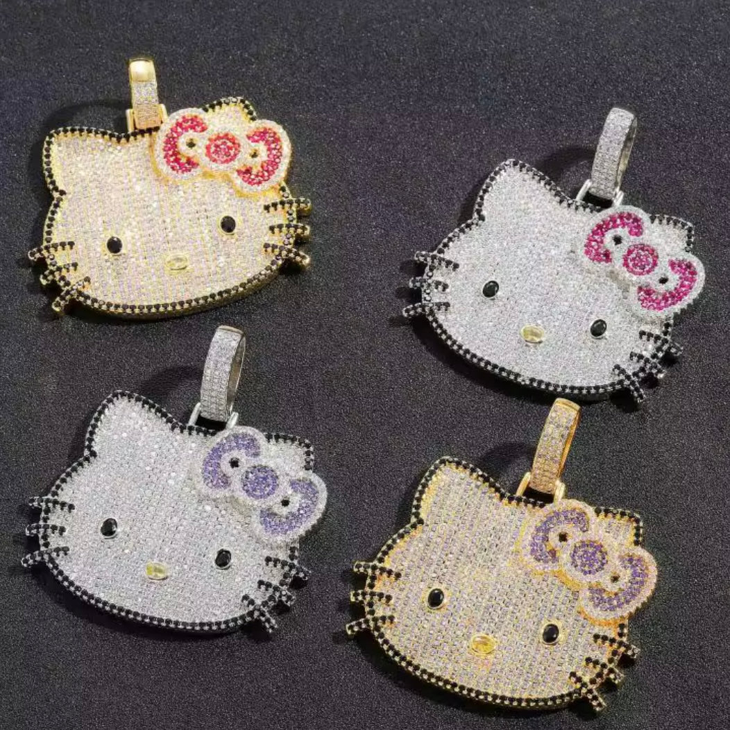 Kawaii Blinged Out Kitty Cat Silver Or Gold CZ Pendant, Hiphop Jewelry, USA Shipping