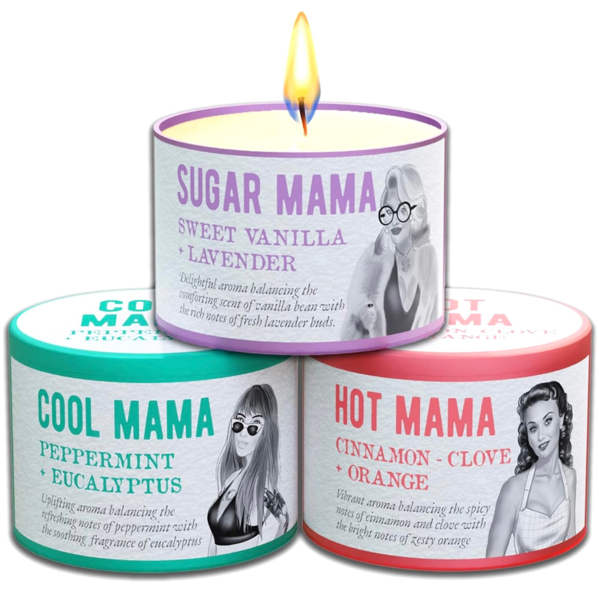 3 piece hot mama set of 2oz 100% soy aromatherapy Candle set featuring One “Sugar Mama” Lavender Vanilla Candle, One “Hot Mama” Cinnamon, Clove, Sweet Orange 2oz. Soy Candle And One “Cool Mama” Eucalyptus and Peppermint 100% soy candle  