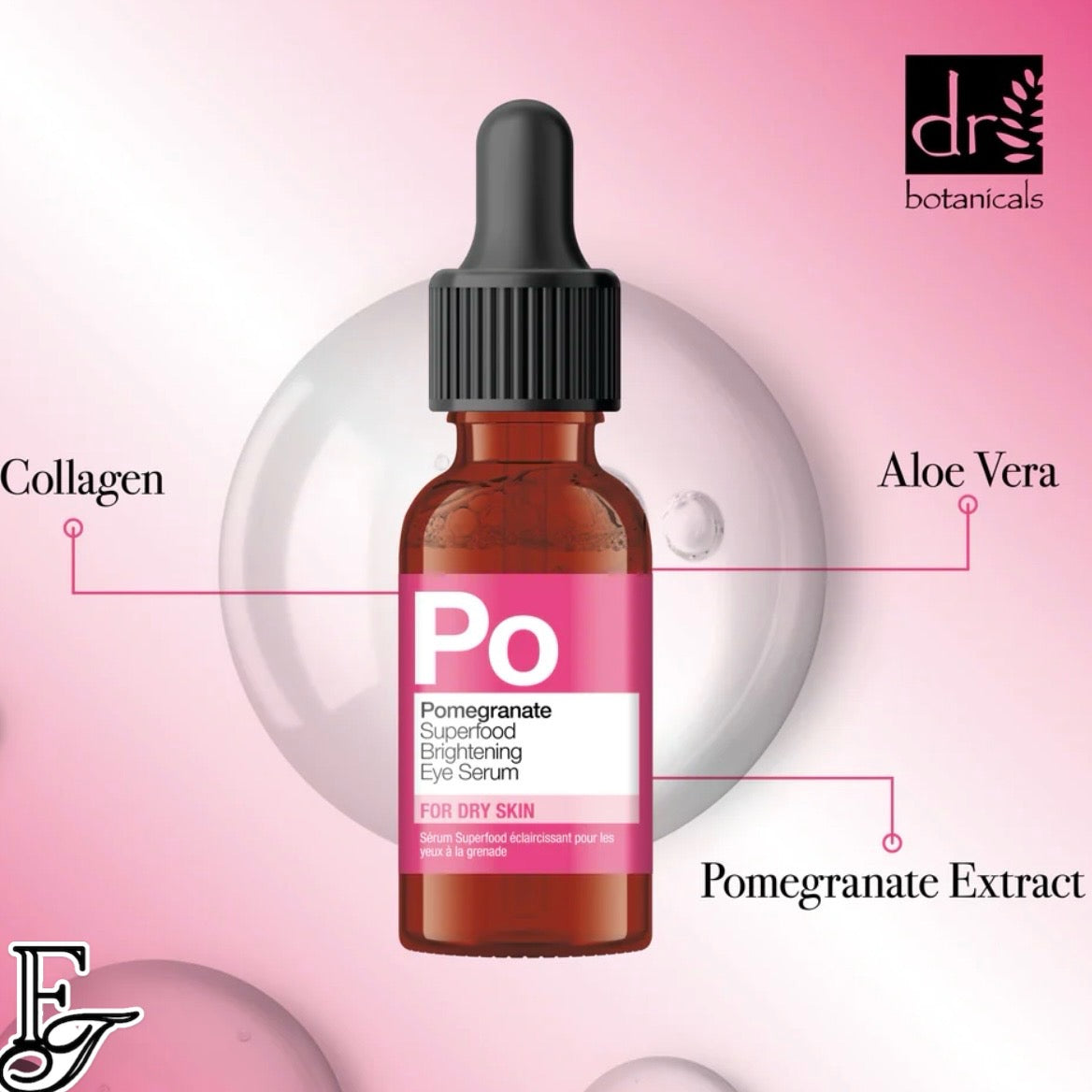 Dr.Botanicals Pomegranate Superfood Brightening Eye Serum In Full size .51oz. This Anti Aging Facial Serum Specially formulated to brighten your under-eye area, The Brightening Eye Serum uses a blend of fruit extracts to reduce dark circles and build a protective barrier against daily aggressors. Antioxidant-rich Pomegranate works in synergy with Raspberry Seed Oil to help alleviate under eye puffiness and improve the appearance of fine lines and wrinkles and is available at Facetreasures.com
