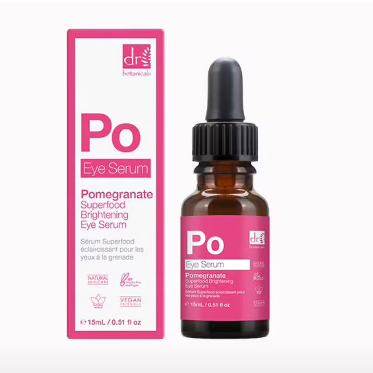 Dr.Botanicals Pomegranate Superfood Brightening Eye Serum In Full size .51oz. This Anti Aging Facial Serum Specially formulated to brighten your under-eye area, The Brightening Eye Serum uses a blend of fruit extracts to reduce dark circles and build a protective barrier against daily aggressors. Antioxidant-rich Pomegranate works in synergy with Raspberry Seed Oil to help alleviate under eye puffiness and improve the appearance of fine lines and wrinkles and is available at Facetreasures.com