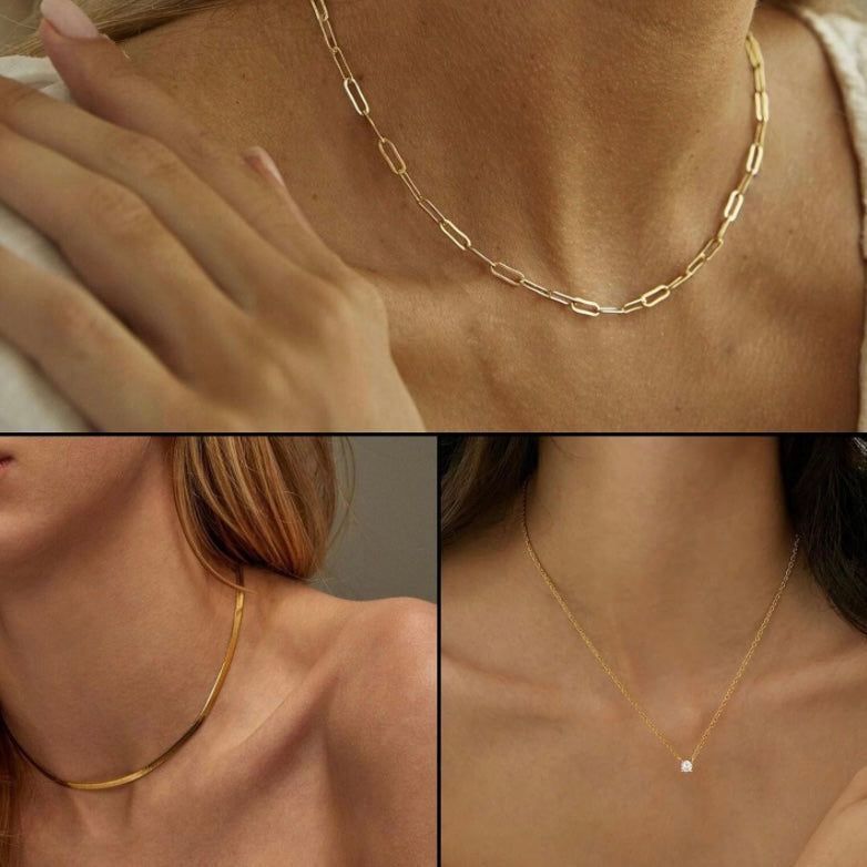 Layered Gold Necklaces: 3-Piece 14K Vermeil Gold over solid 925. Silver necklace set for Women, this set includes one 16 inch clavicle herringbone 14 karat vermeil gold necklace, one 17 inch paperclip style 14 karat Vermeil gold & one 18inch necklace with a 1 carat total weight of flawless princess cut cubic zirconia pendant. All 3 are beautiful worn as a layered style or can be worn separately. Only available for purchase at Facetreasures.com