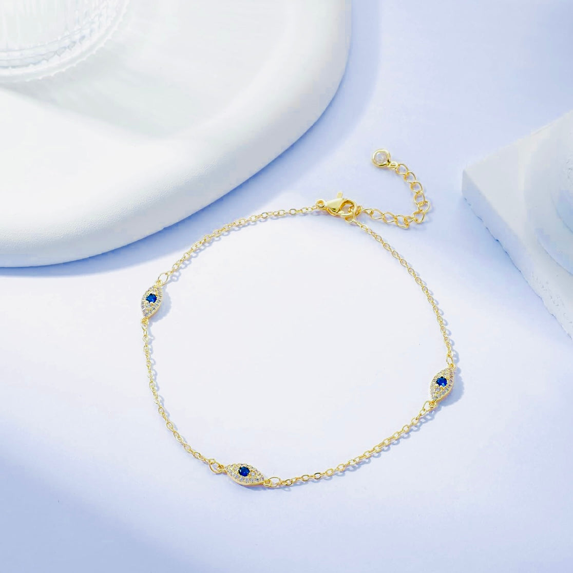 Evil Eye Vermeil Gold & Cubic Zirconia Ankle Bracelet – Good Fortune Anklet for Protection & Style