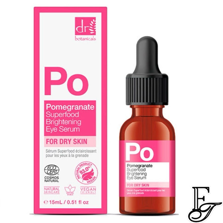Dr.Botanicals Pomegranate Superfood Brightening Eye Serum In Full size .51oz. This Anti Aging Facial Serum Specially formulated to brighten your under-eye area, The Brightening Eye Serum uses a blend of fruit extracts to reduce dark circles and build a protective barrier against daily aggressors. Antioxidant-rich Pomegranate works in synergy with Raspberry Seed Oil to help alleviate under eye puffiness and improve the appearance of fine lines and wrinkles and is available at Facetreasures.com