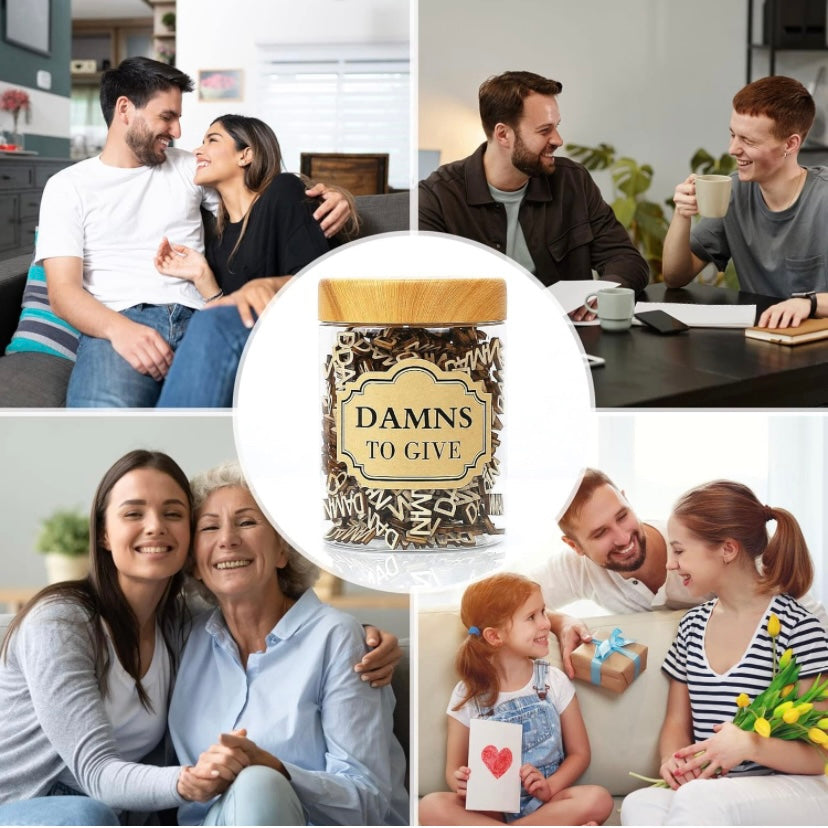 Funny Gag Gifts - Glass jars featuring and filled with individual wooden curse words that say Damns, F*cks or Hugs w/ sticker on the jar that states “damns to give” or “Fucks to give” or “Hugs to give” great to handout as a joke to friends, family or co-workers as gag gifts. Rated Mature 18+ for adults who love funny gifts that’s guaranteed to be a hit for any occasion, Shipped Same Day