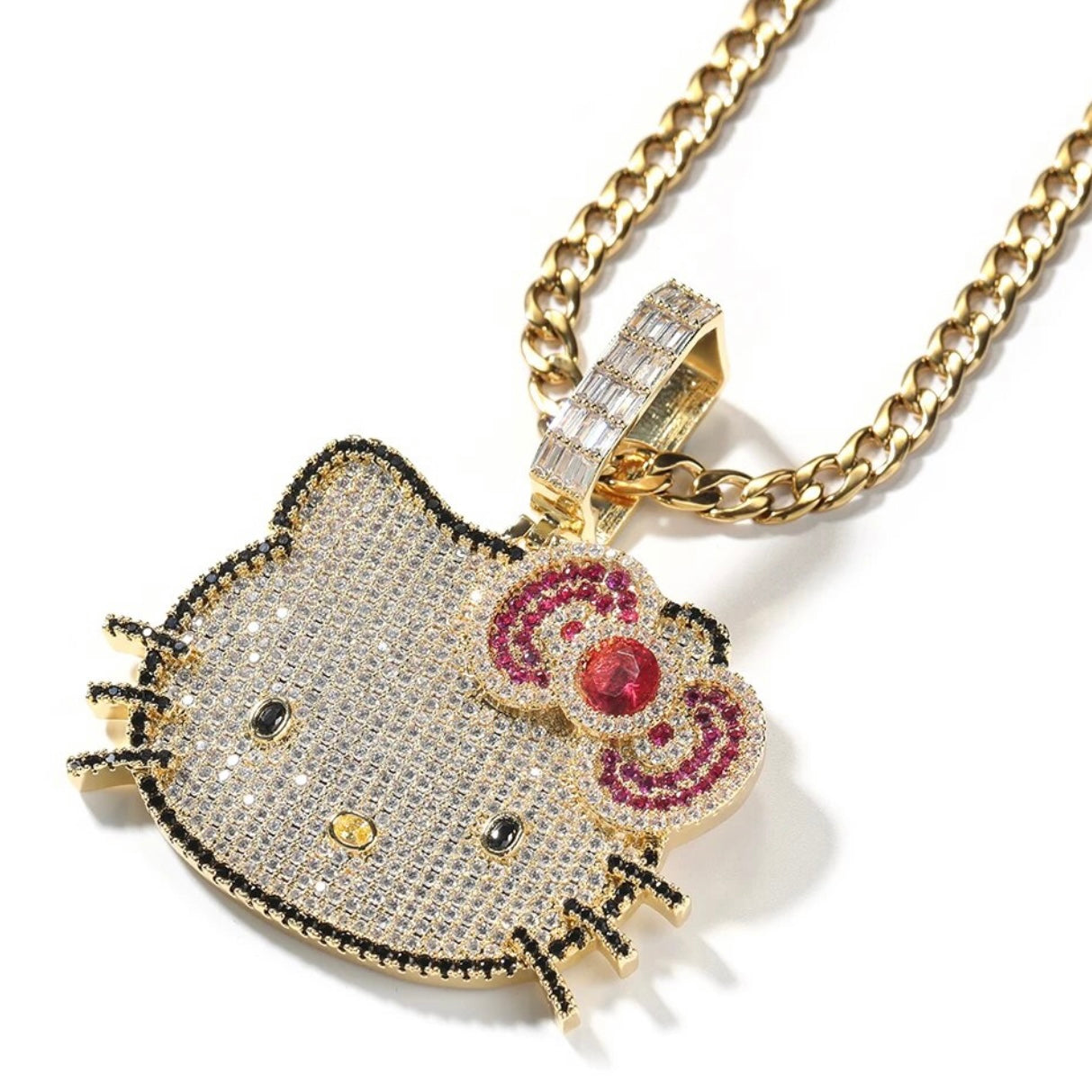 Kawaii “Hello Kitty” Blinged Out Sapphire Rubies Chrystal Cat Pendant w/Chain | Hypoallergenic Unisex Statement Piece