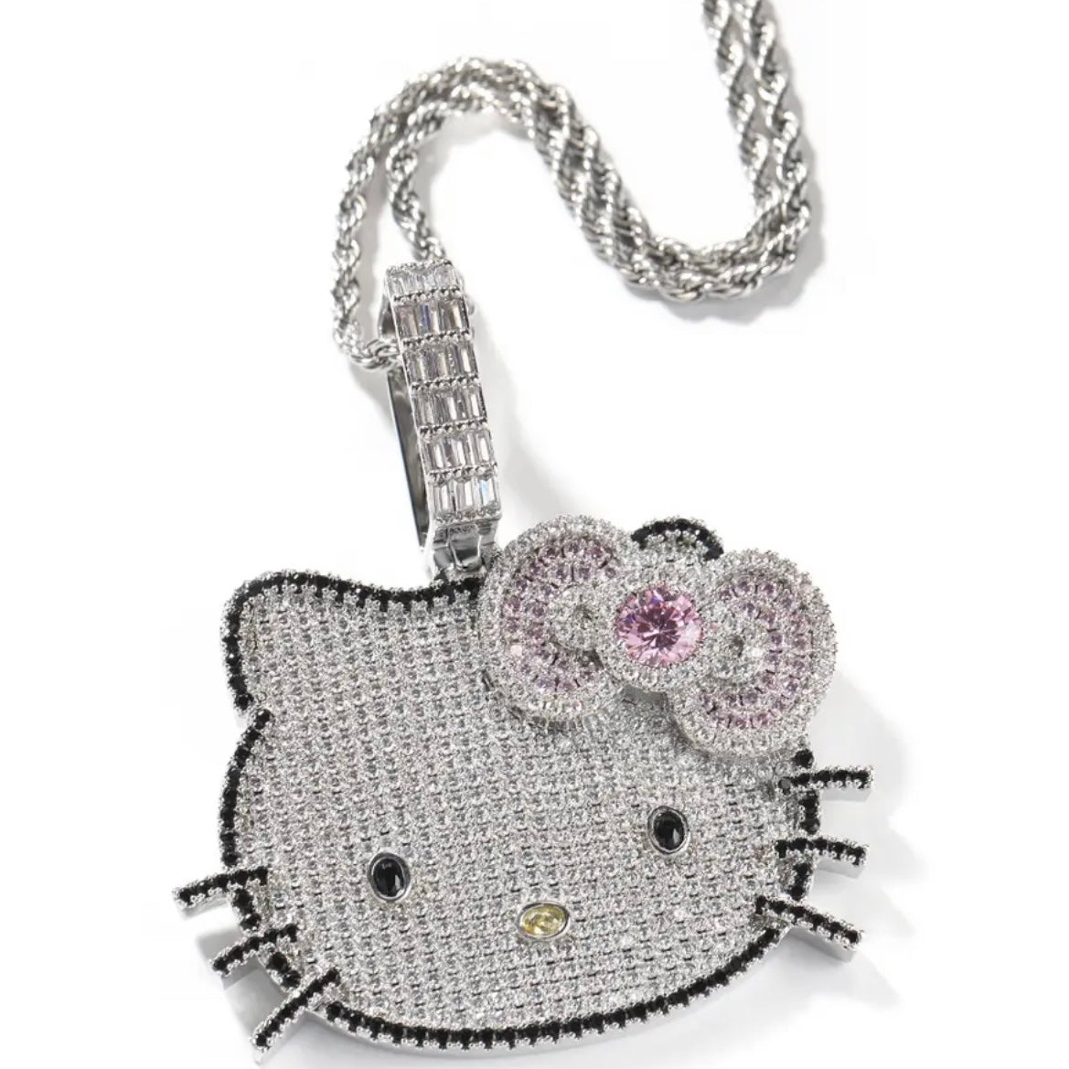 Kawaii “Hello Kitty” Blinged Out Sapphire Rubies Chrystal Cat Pendant w/Chain | Hypoallergenic Unisex Statement Piece