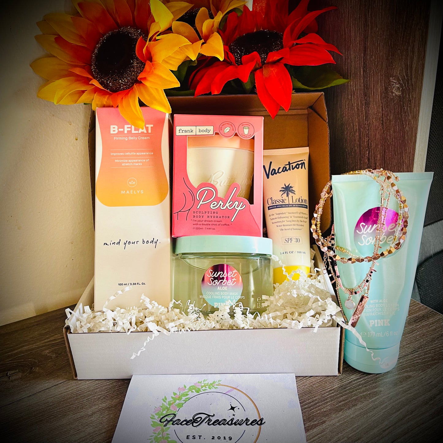 The ultimate summer gift bundle box which includes 10 full size items to pamper yourself, keep your skin healthy and protected without breaking the bank. this summer bundle box features premium products sourced from around the world and all products are mademup of only vegan all natural ingredients so everyone can use all items included. all products are made for the most sensitive skin types which the exception of the b-flat firming belly cream and the Brazilian butt lift perky cream! All items are great a