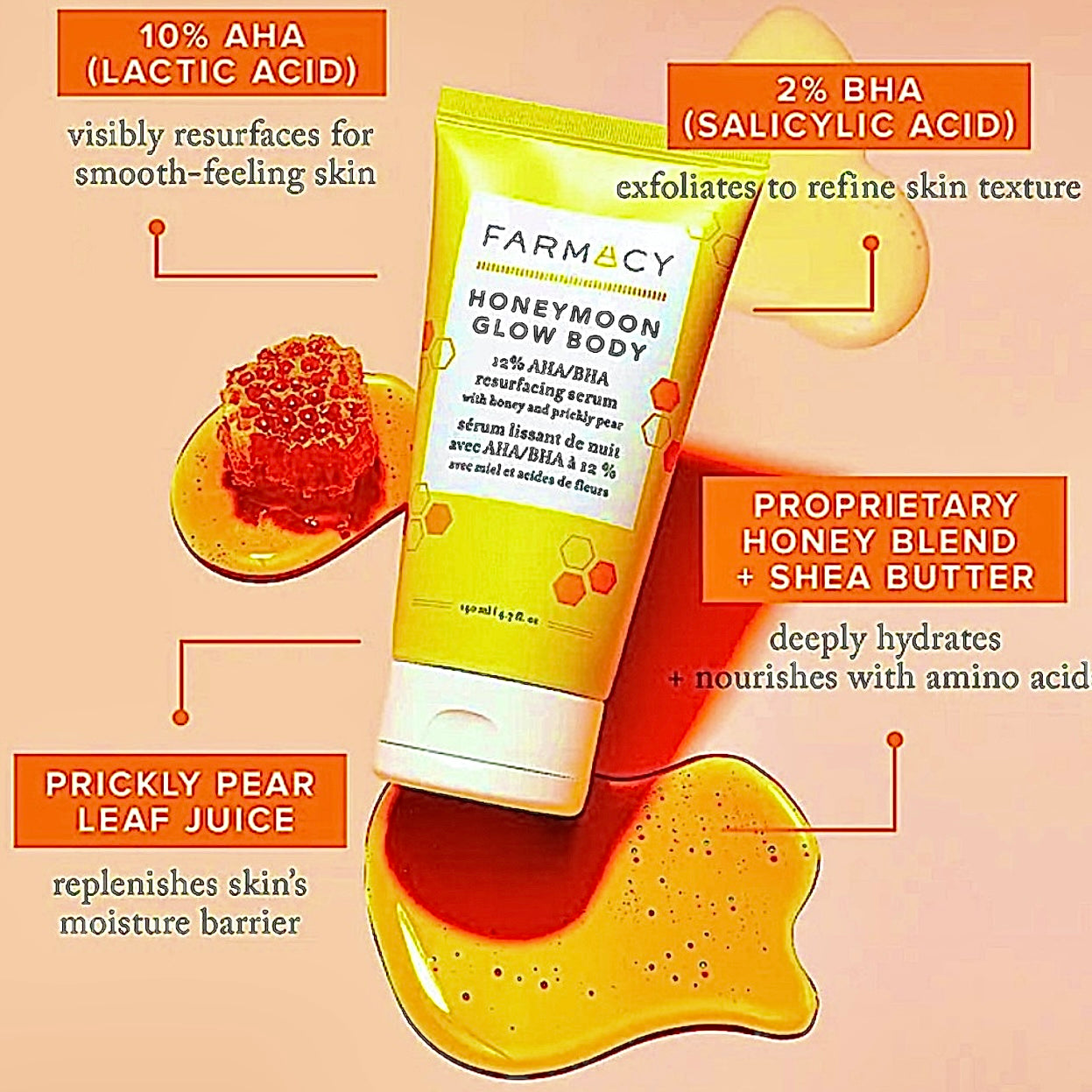 Suero rejuvenecedor Farmacy Honeymoon Glow Body AHA/BHA | Tamaño completo 4,7 onzas.
