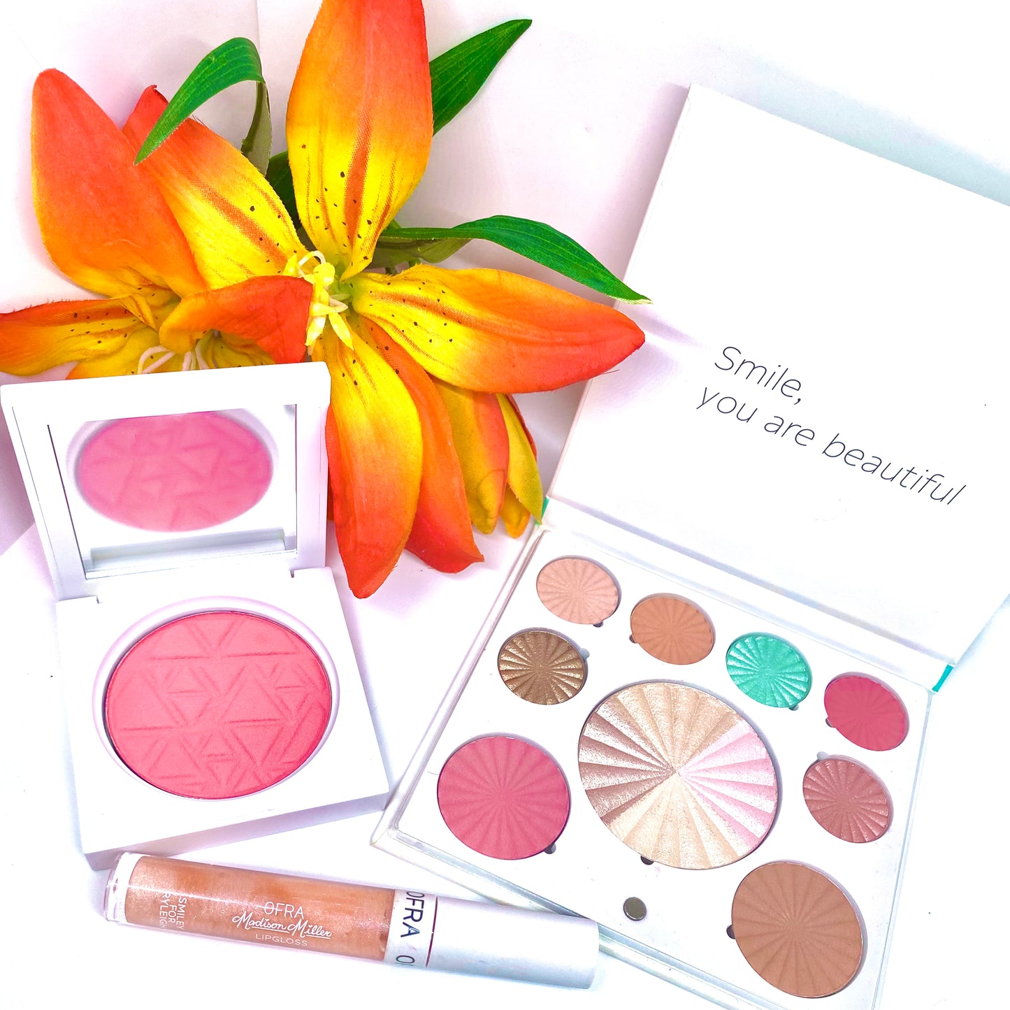 Ofra full face makeup highlighter & blush palettes, one blush palette w/ morrow and one blush palette