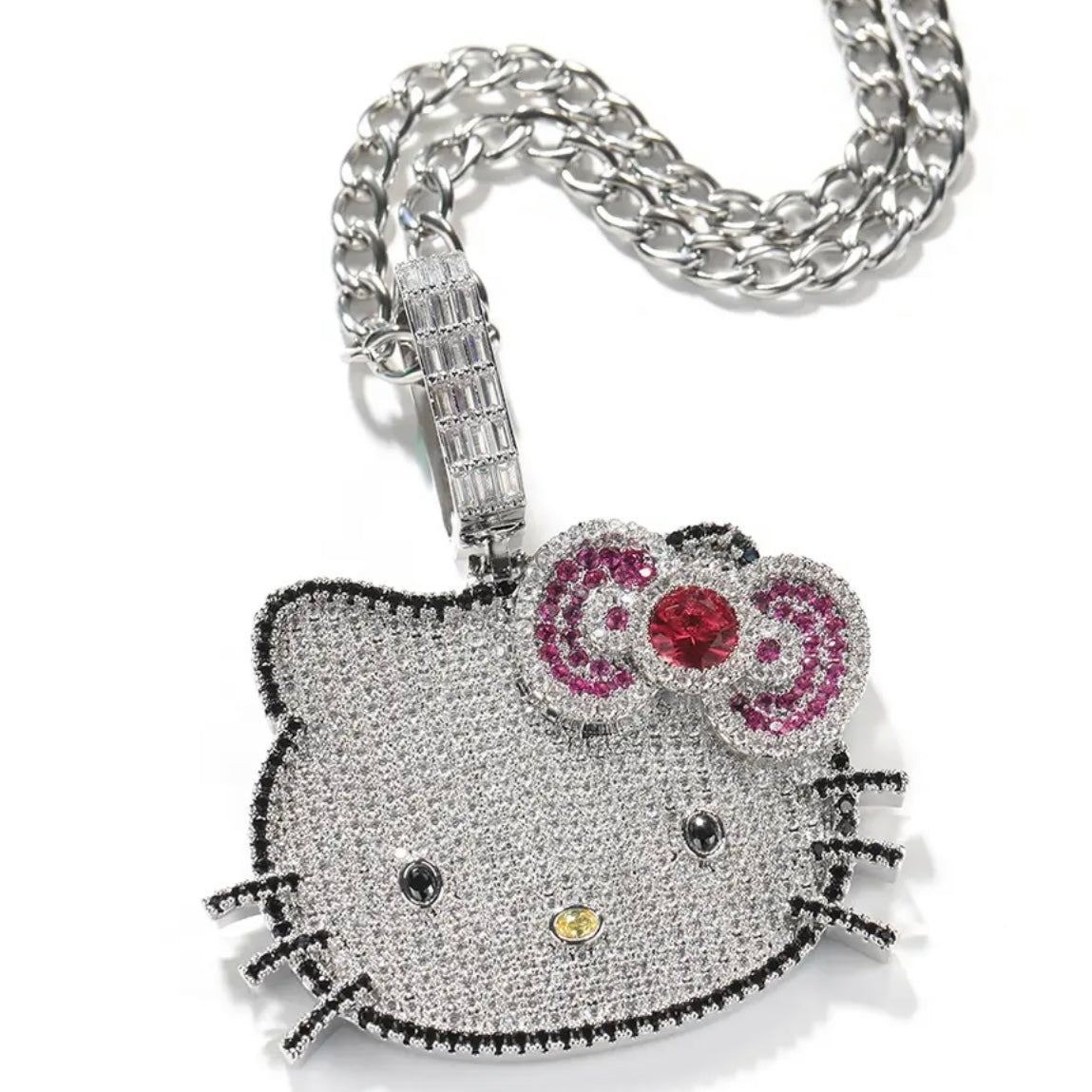 Kawaii “Hello Kitty” Blinged Out Sapphire Rubies Chrystal Cat Pendant w/Chain | Hypoallergenic Unisex Statement Piece