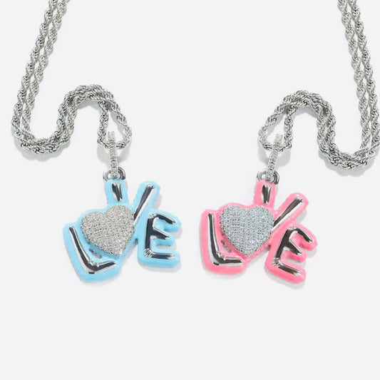 love pendant in the color pink, blue, silver or silver chrome with a matching diamond chain or silver or gold rope chain available only at Facetreasures.com