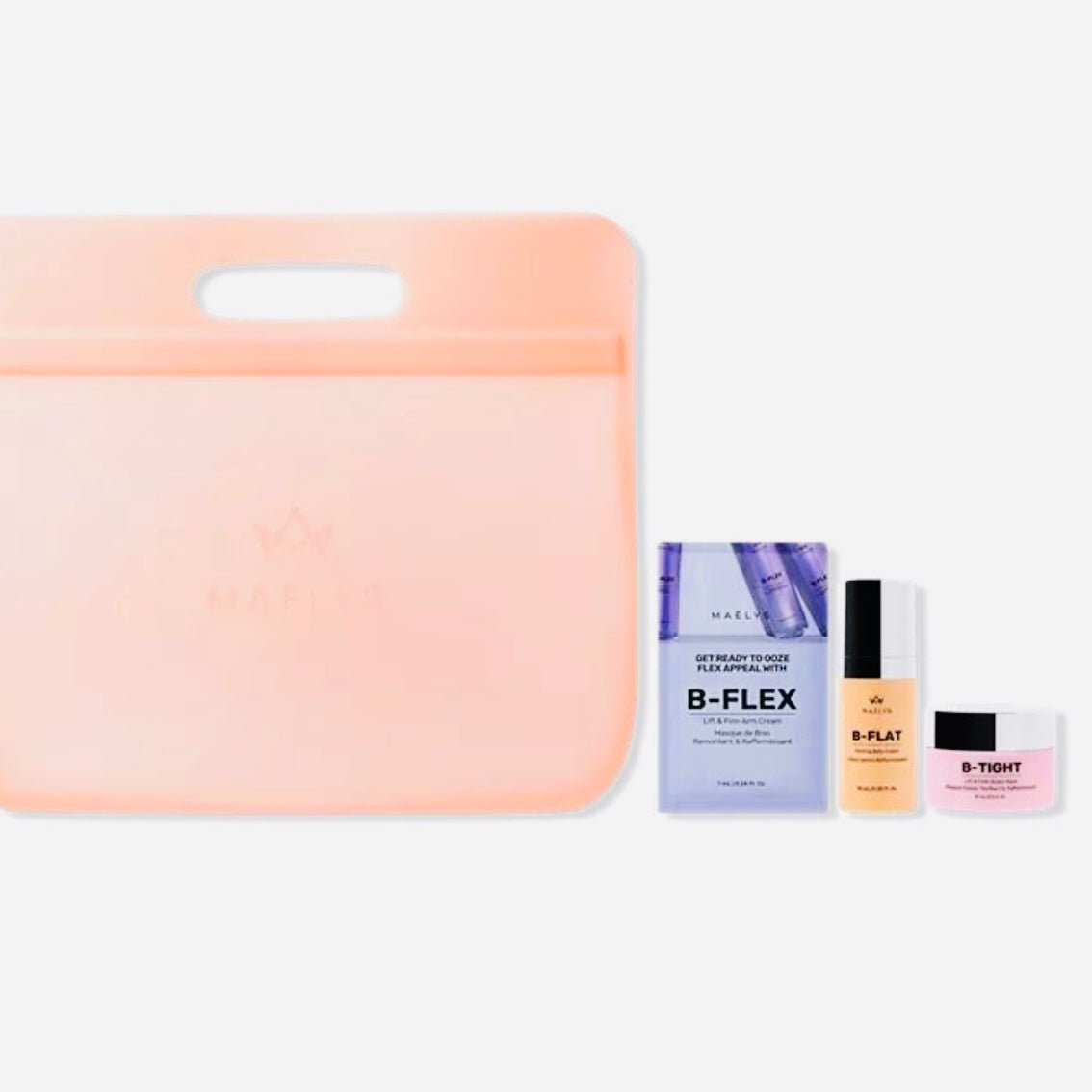 THIS BUNDLE SET INCLUDES FOUR (4) OF THE FOLLOWING ITEMS: 1. One B-Flex Lift & Firm Arm Cream / size (0.24 fl oz or 7 ml foil packet) 2. One B-Flat Firming Belly Cream pump bottle / size (0.33 fl oz or 10 ml) 3.One B-Tight Lift & Firm Booty Mask jar / size (0.5 fl oz or 15 ml) 4. One Rubberized pink-peachy travel Pouch with handle to hold all your favorites while on the go!