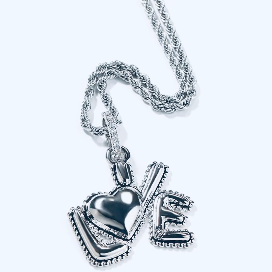 Beautiful Flawless Unisex AAAA Cubic Zirconia “Love” Pendant w/ Matching Necklace | Choice Of Style, Colors, Leng