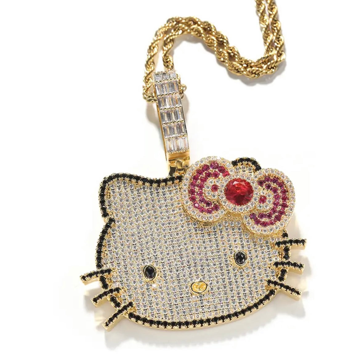 Kawaii “Hello Kitty” Blinged Out Sapphire Rubies Chrystal Cat Pendant w/Chain | Hypoallergenic Unisex Statement Piece