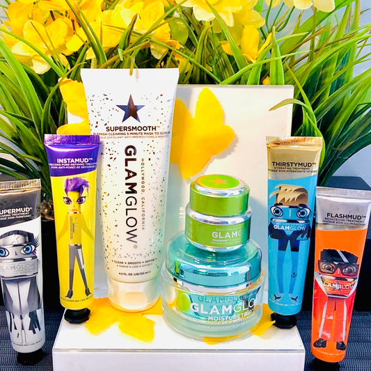 Glam Glow Jet Set Ultimate Skin care bundle and Grand Glow Bundle. Each bundle include 6-7 full size products currently valued over $100 and is being sold here for 80% off while supplies last. we are also offering discounts and free shipping as part if our promotional relaunch celebration. both bundles are only available at Facetreasures ans curated by Facetreasures Only. you will not find either bundle anywhere else guaranteed!