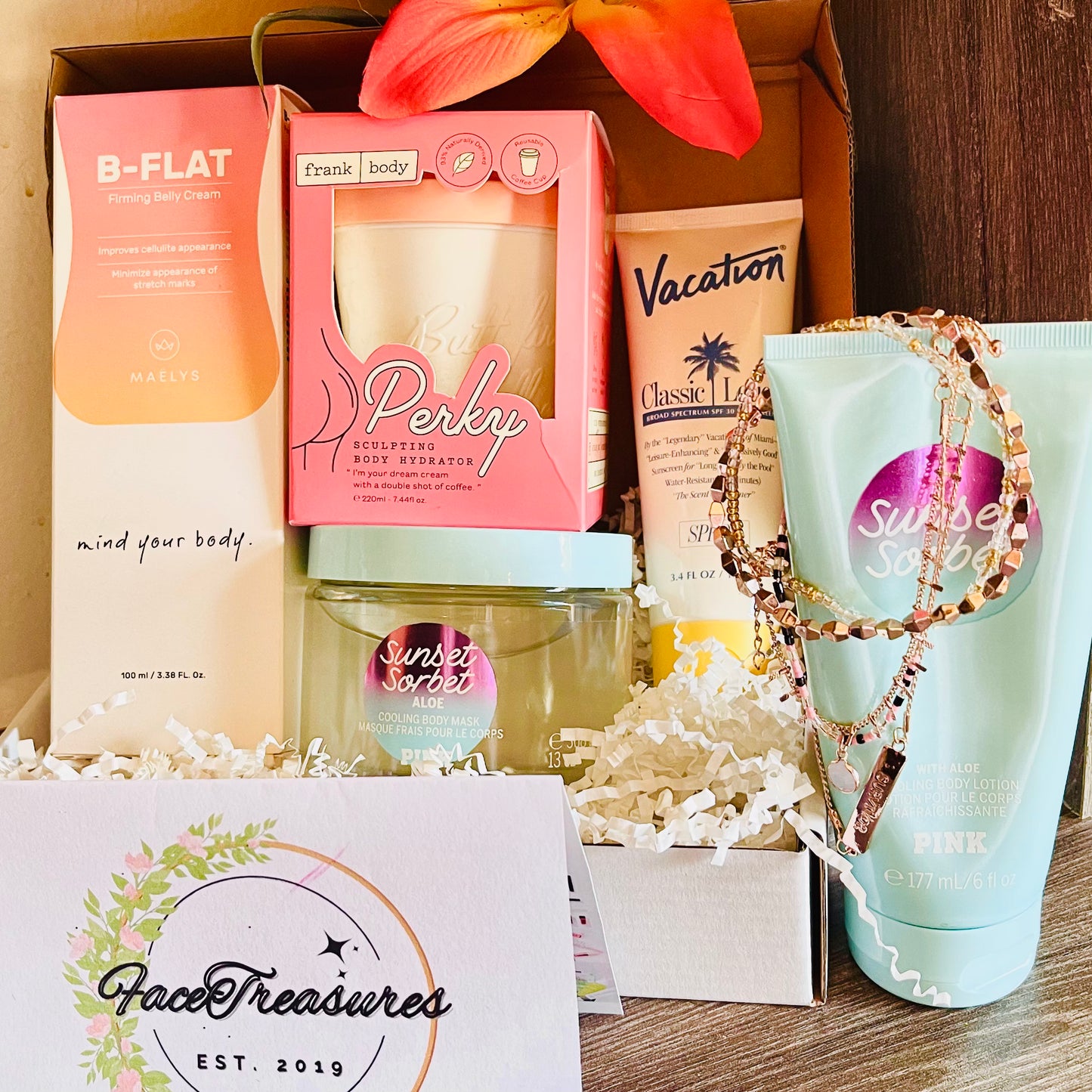 The ultimate summer gift bundle box which includes 10 full size items to pamper yourself, keep your skin healthy and protected without breaking the bank. this summer bundle box features premium products sourced from around the world and all products are mademup of only vegan all natural ingredients so everyone can use all items included. all products are made for the most sensitive skin types which the exception of the b-flat firming belly cream and the Brazilian butt lift perky cream! All items are great a