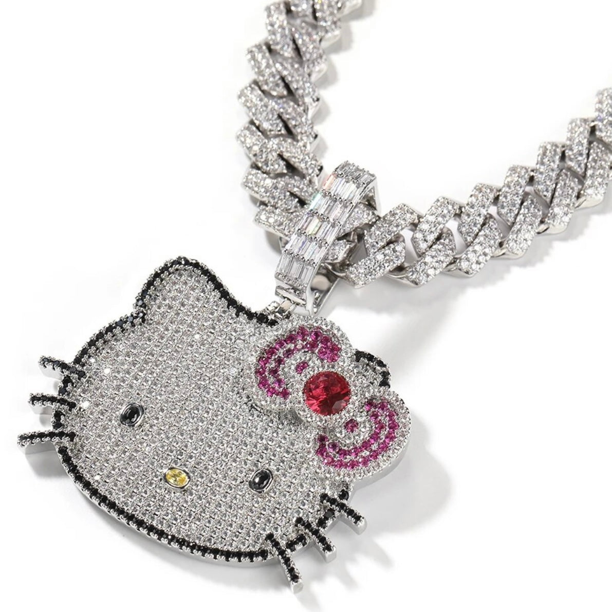 Kawaii “Hello Kitty” Blinged Out Sapphire Rubies Chrystal Cat Pendant w/Chain | Hypoallergenic Unisex Statement Piece