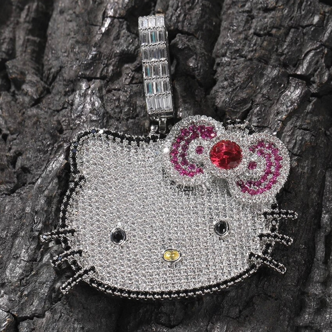 Kawaii “Hello Kitty” Blinged Out Sapphire Rubies Chrystal Cat Pendant w/Chain | Hypoallergenic Unisex Statement Piece