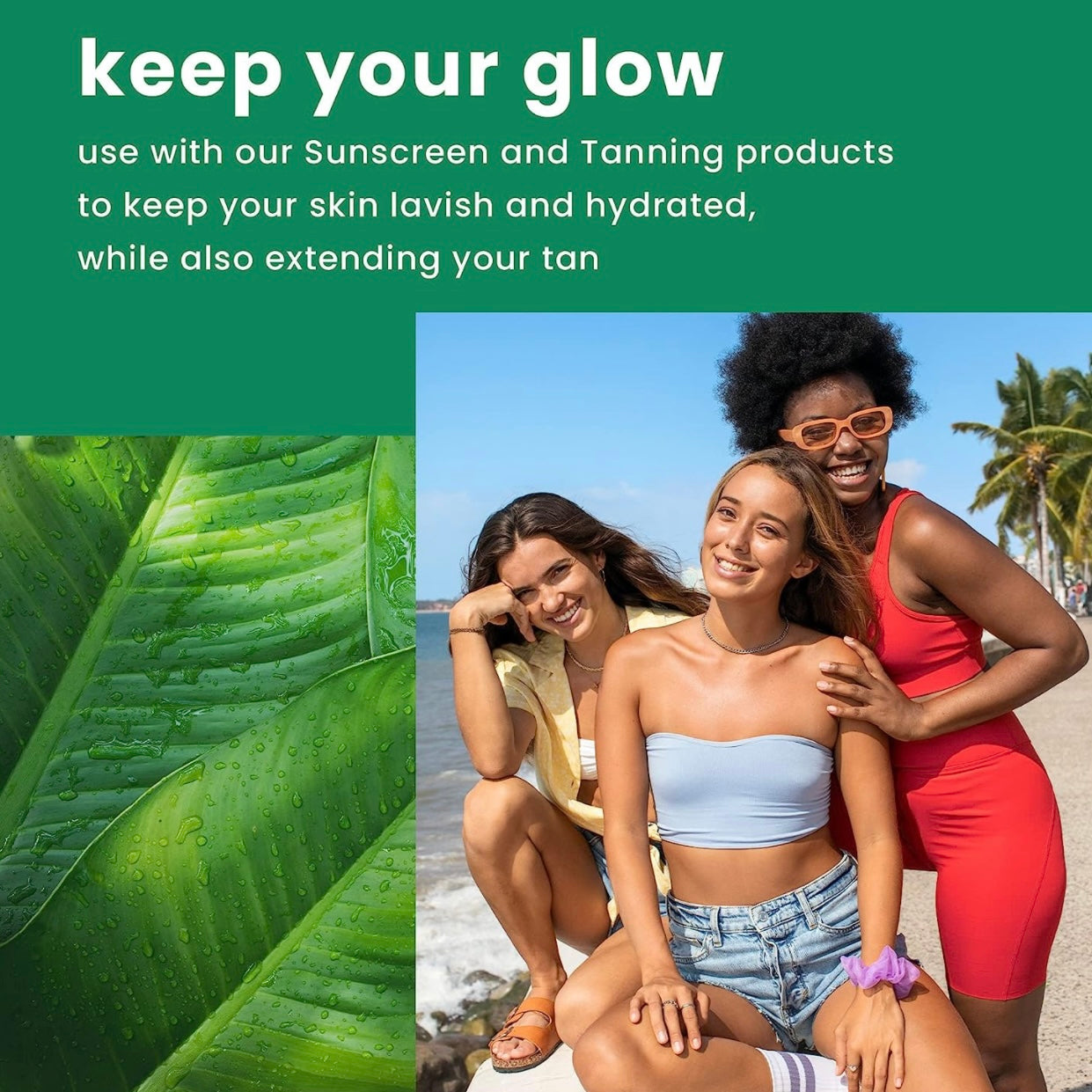 This photo shows three models of different descents and ethnic background utilizing this body butter to show off the afterglow this product gives after a single use.