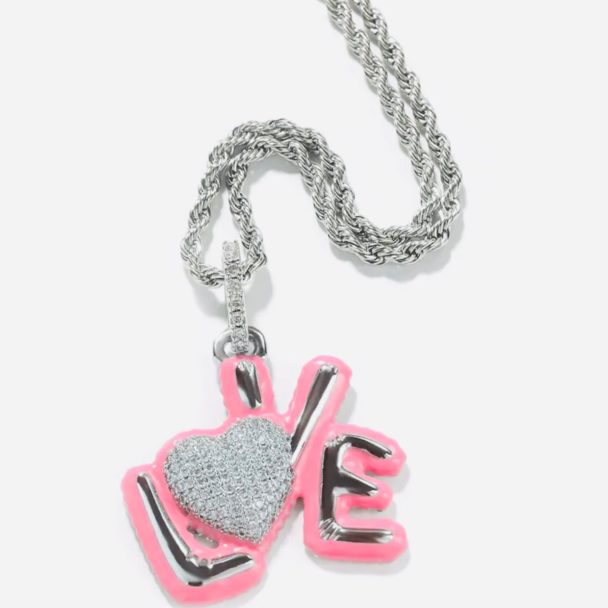 Beautiful Flawless Unisex AAAA Cubic Zirconia “Love” Pendant w/ Matching Necklace | Choice Of Style, Colors, Leng