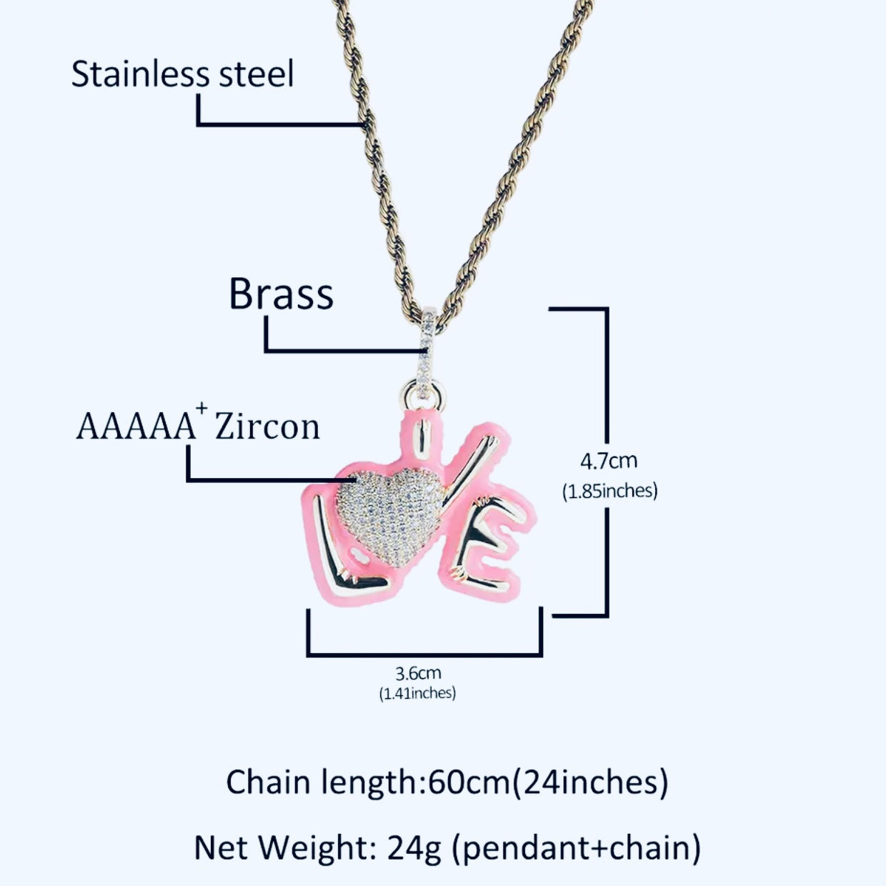 Beautiful Flawless Unisex AAAA Cubic Zirconia “Love” Pendant w/ Matching Necklace | Choice Of Style, Colors, Leng