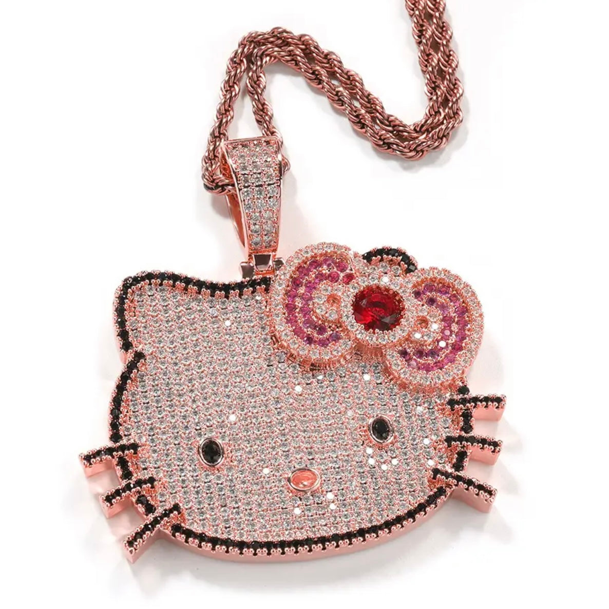 Kawaii “Hello Kitty” Blinged Out Sapphire Rubies Chrystal Cat Pendant w/Chain | Hypoallergenic Unisex Statement Piece