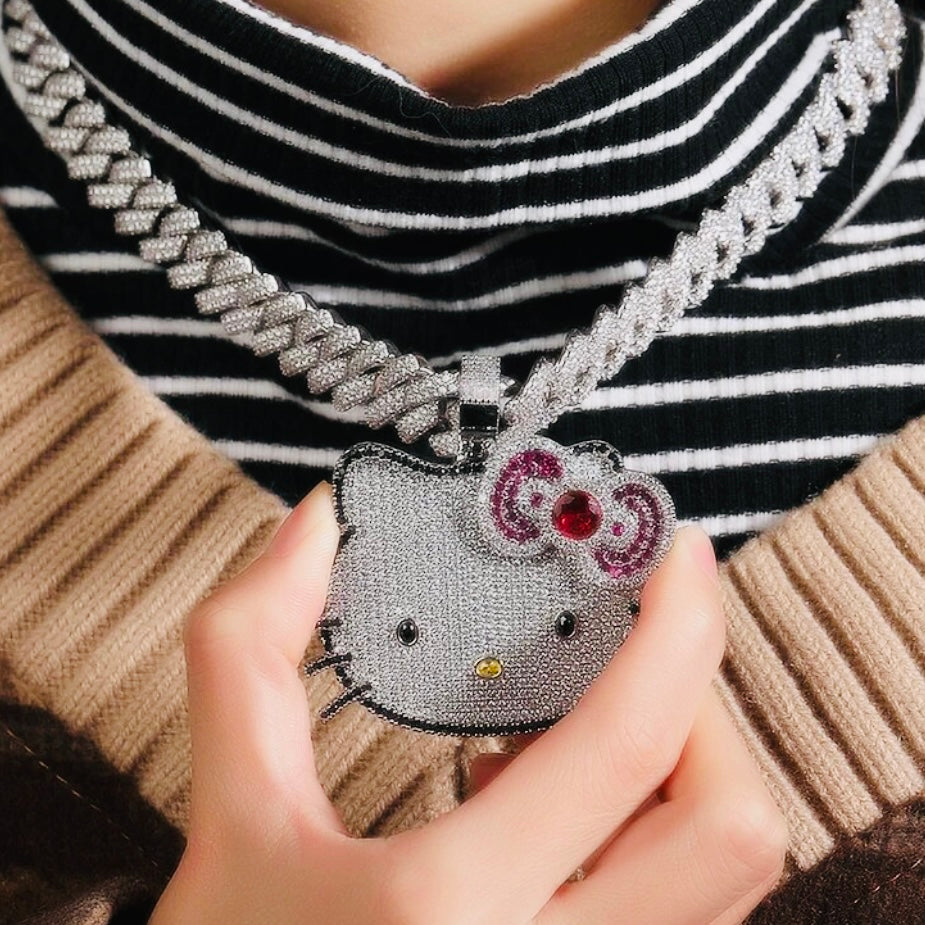 Kawaii “Hello Kitty” Blinged Out Sapphire Rubies Chrystal Cat Pendant w/Chain | Hypoallergenic Unisex Statement Piece