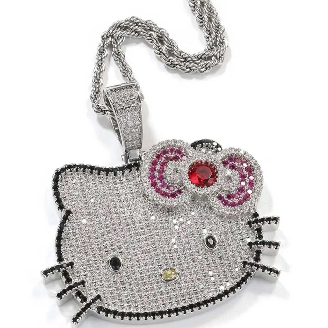Kawaii “Hello Kitty” Blinged Out Sapphire Rubies Chrystal Cat Pendant w/Chain | Hypoallergenic Unisex Statement Piece