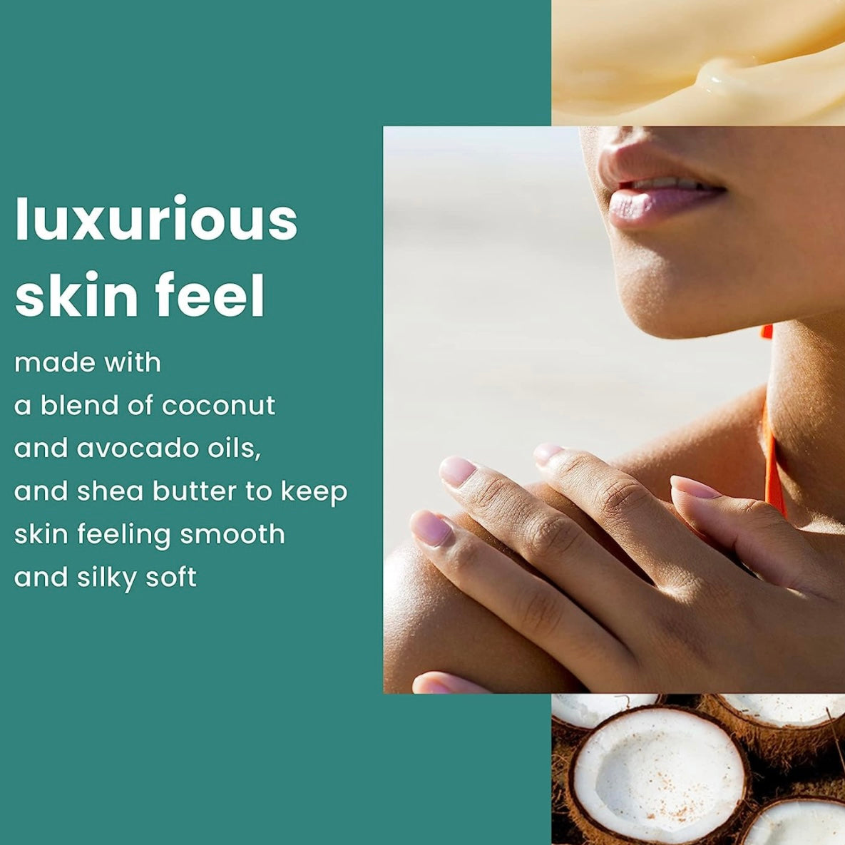 model in this photo explains and shows how the Hawaiian Tropics After Sun Body Butter gives a luxury feeling on all skin types due to the Coconut, Avocado oils and shea butter incorporated in the ingredients