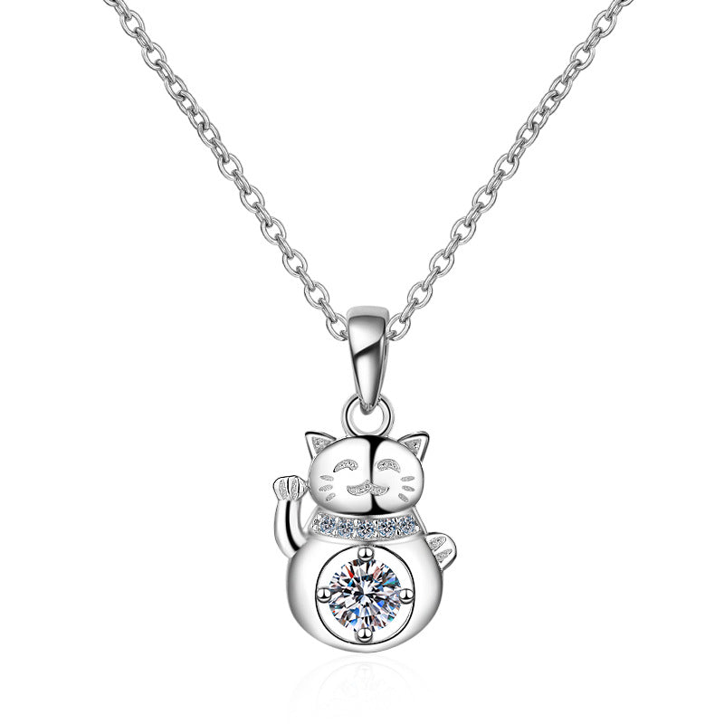 Elegant S925 Sterling Silver AAA 1ctw. Cubic Zirconia Mojssanite Gemstone Lucky Cat Pendant And 17 Inch Silver Link Necklace