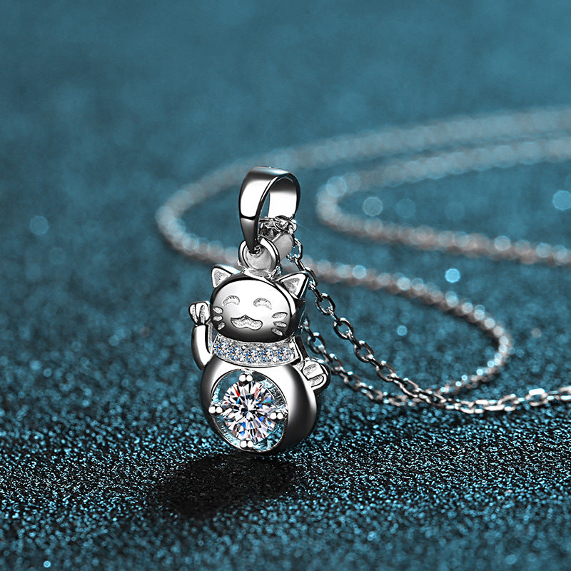 Elegant S925 Sterling Silver AAA 1ctw. Cubic Zirconia Mojssanite Gemstone Lucky Cat Pendant And 17 Inch Silver Link Necklace
