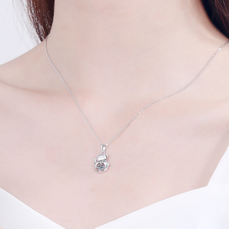 Elegant S925 Sterling Silver AAA 1ctw. Cubic Zirconia Mojssanite Gemstone Lucky Cat Pendant And 17 Inch Silver Link Necklace
