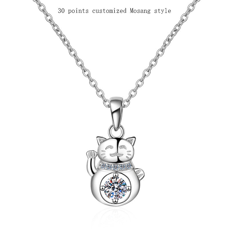 Elegant S925 Sterling Silver AAA 1ctw. Cubic Zirconia Mojssanite Gemstone Lucky Cat Pendant And 17 Inch Silver Link Necklace