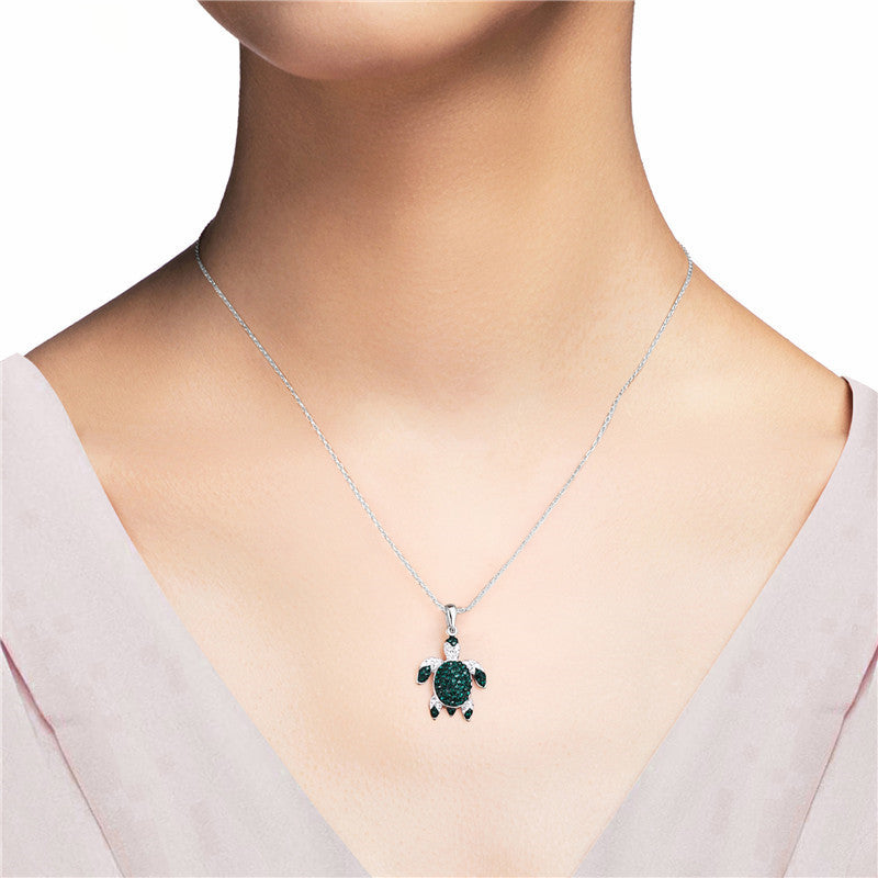 Green Emerald And Sapphire Silver Sea Turtle 925 Silver Pendant With A 20 Inch 925 Silver Water Wave Diamond Cut Chain.