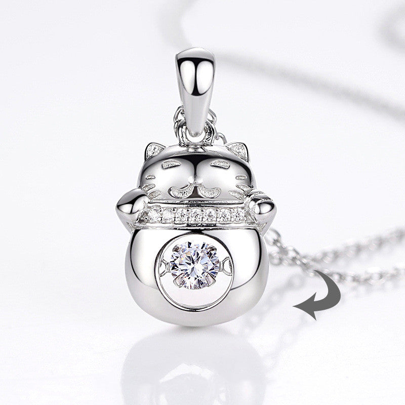 Elegant S925 Sterling Silver AAA 1ctw. Cubic Zirconia Mojssanite Gemstone Lucky Cat Pendant And 17 Inch Silver Link Necklace