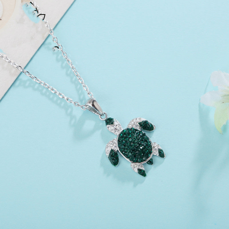 Green Emerald And Sapphire Silver Sea Turtle 925 Silver Pendant With A 20 Inch 925 Silver Water Wave Diamond Cut Chain.