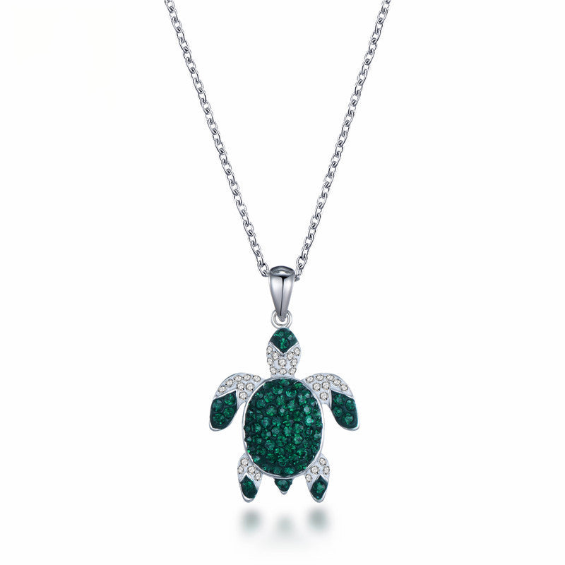 Green Emerald And Sapphire Silver Sea Turtle 925 Silver Pendant With A 20 Inch 925 Silver Water Wave Diamond Cut Chain.