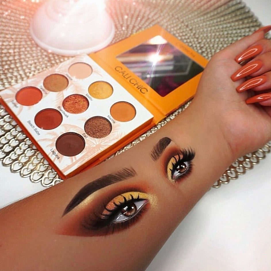 Our Cali Chic 9 Color High Pigmented Eyeshadow palette is inspired by the beautiful sunsets of sunny Los Angeles, it's a cool toned eyeshadow palette featuring mattes and shimmers for endless day time to night time smokey and dramatic drama eye looks. Get Ready To Create!