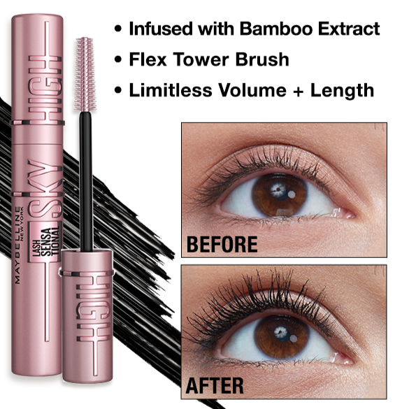 sky high lashes just got easier with Maybelline’s Lash Sensational Sky High Mascara. The long-lasting mascara delivers full volume and intense length with just a swipe to create high lash impact from every angle. With Maybelline’s exclusive Flex Tower brush to bend to the natural shape of the lashes from root to tip to deliver the blackest black color that won’t flake or smudge.