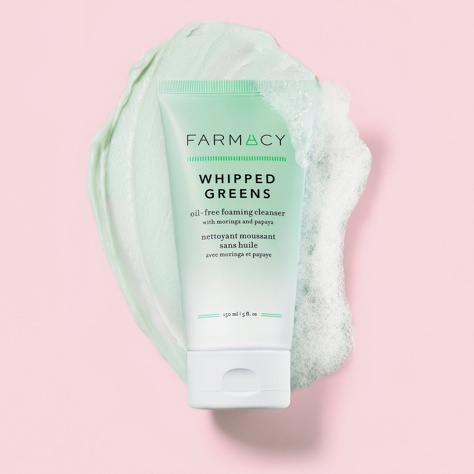 farmacy whipped greens oil-free foaming cleanser with moringa and papaya in 5 ounces to cleanse the  face and draw out impurities