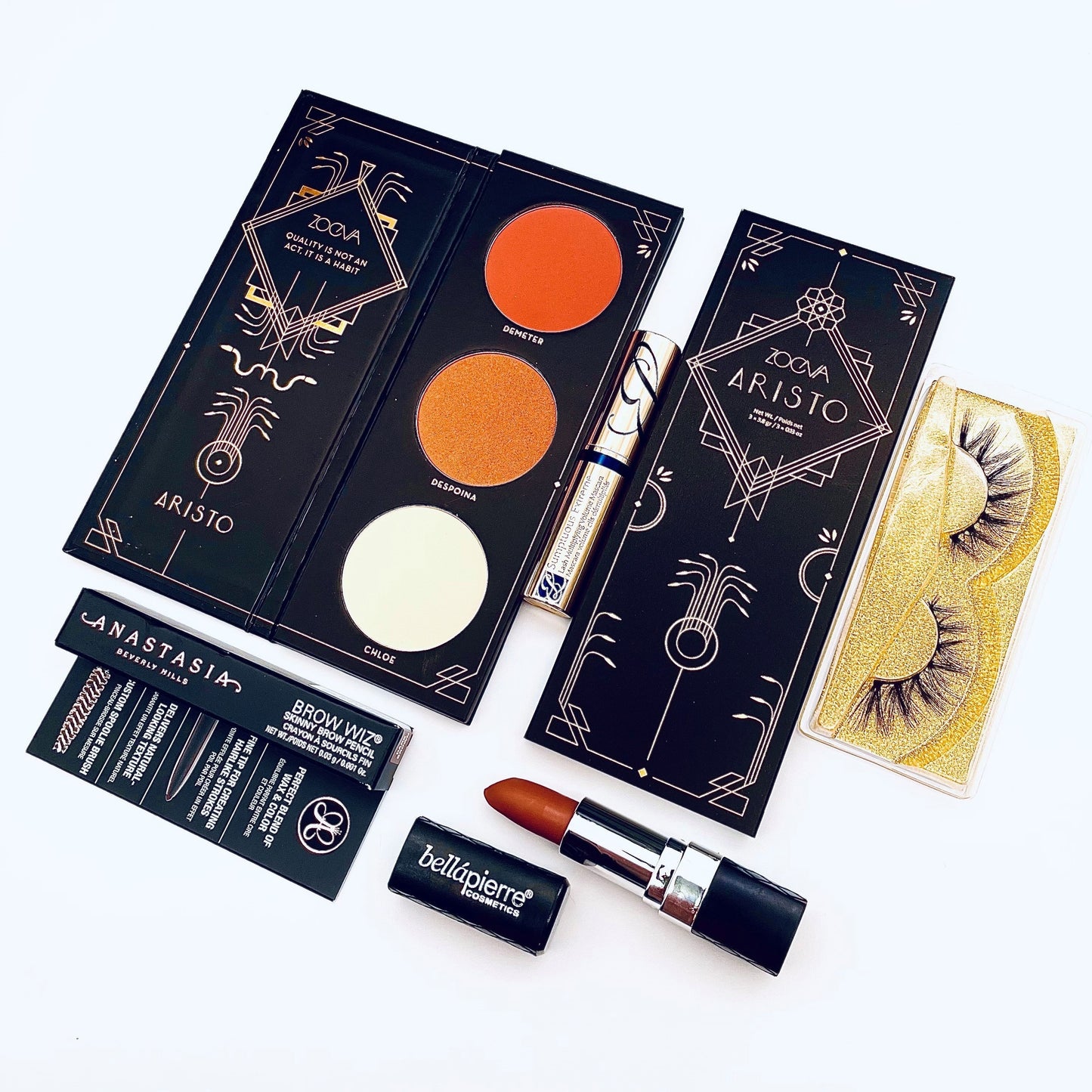 zoeva 5 piece makeup bundle, excellent for gifts & makeup professionals alike. This bundle comes with one estee lauder sumptuous extreme mascara, one Anastasia brow wiz skinny brow pencil, one bellapierre mineral infused matte lipstick in The Color Incognito, 22mm in length 100% vegan wispy all natural eyelash set that can be worn with or without makeup up to 18 times with proper care & Free gifts