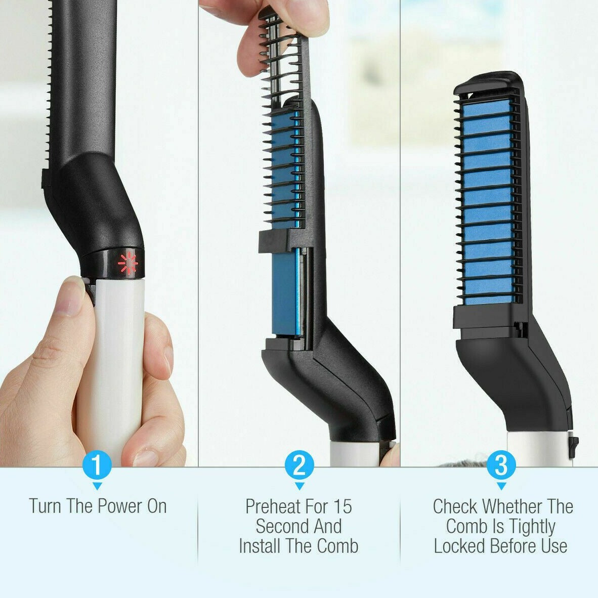 Hybrid Multifunctional Beard Straightener / Hair Comb combines heating barrels and comb teeth for hair smoothing, straightening, curling and creating beautiful volume while meeting all your personal needs no matter how different or difficult your Mane is, you now can create professional styles within minutes without the long appointment times and the heavy price tag to match - This Electric Hybrid Multifunctional Beard & Hair Straightening/curling Magic Wand Has Your Back!