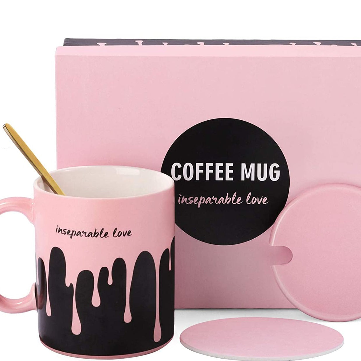 16oz inseparable love pink & black ceramic coffee cup with ceramic lid & gold spoon in a matching pink & black gift box with silk enclosure