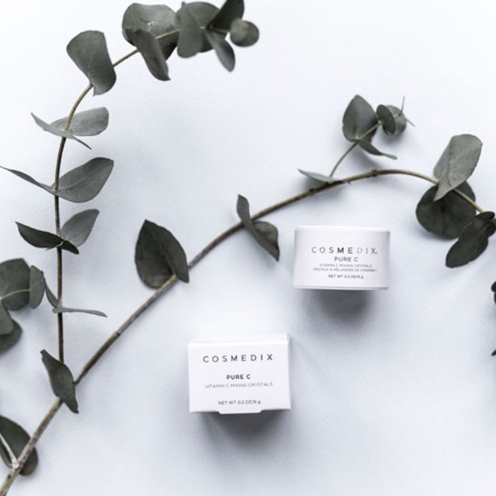 Cosmedix Pure C shown in picture is made for all skin types and is made of L-ascorbic acid, or vitamin C, helps maintain the skin's flexibility and improve elasticity. Pure C helps to neutralize free radicals, reduce the appearance of lines and wrinkles and improve skin texture and tone