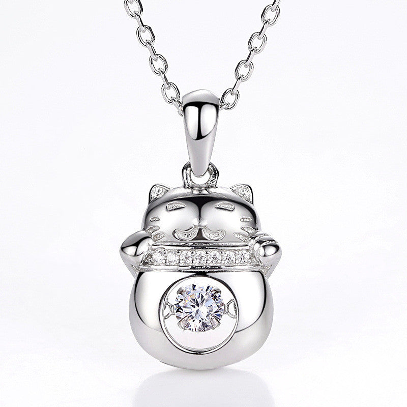 Elegant S925 Sterling Silver AAA 1ctw. Cubic Zirconia Mojssanite Gemstone Lucky Cat Pendant And 17 Inch Silver Link Necklace