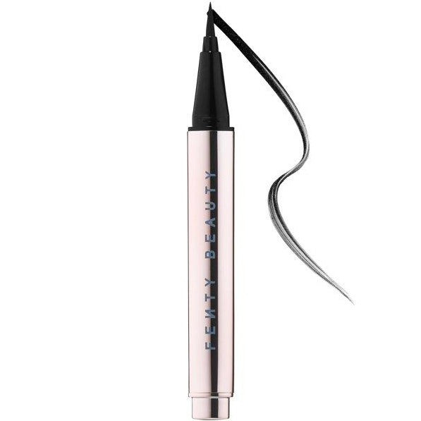Fenty fly liner liquid eyeliner in the color "cuz I'm black" satin black color, A hyper-saturated, water-resistant liquid eyeliner with an innovative flex tip and easy-grip triangle shape for effortless no-limit lining that lasts.