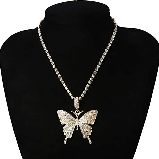 gold rhinestone butterfly silver or gold necklace