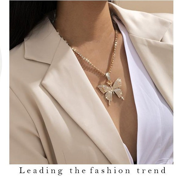 Gold Tone Rhinestone Butterfly Pendant Necklace