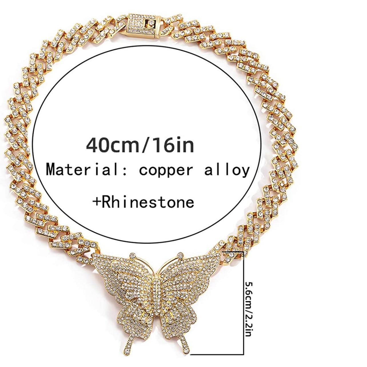 Collar de diamantes de imitación con eslabones cubanos de mariposa de 16 pulgadas